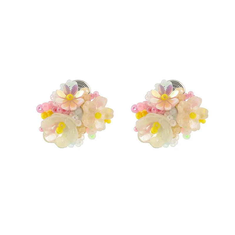 Sweet Colorful Handmade Crystal Beaded Daisy Flower Stud & Clip On No Piercing Vacation Style Earrings