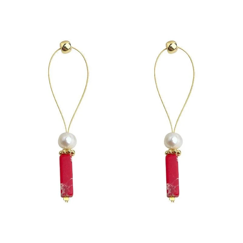 Designer Ethnic Geometric Line Drop Earrings With Natural Freshwater Pearls And Synthetic Red Turquoise