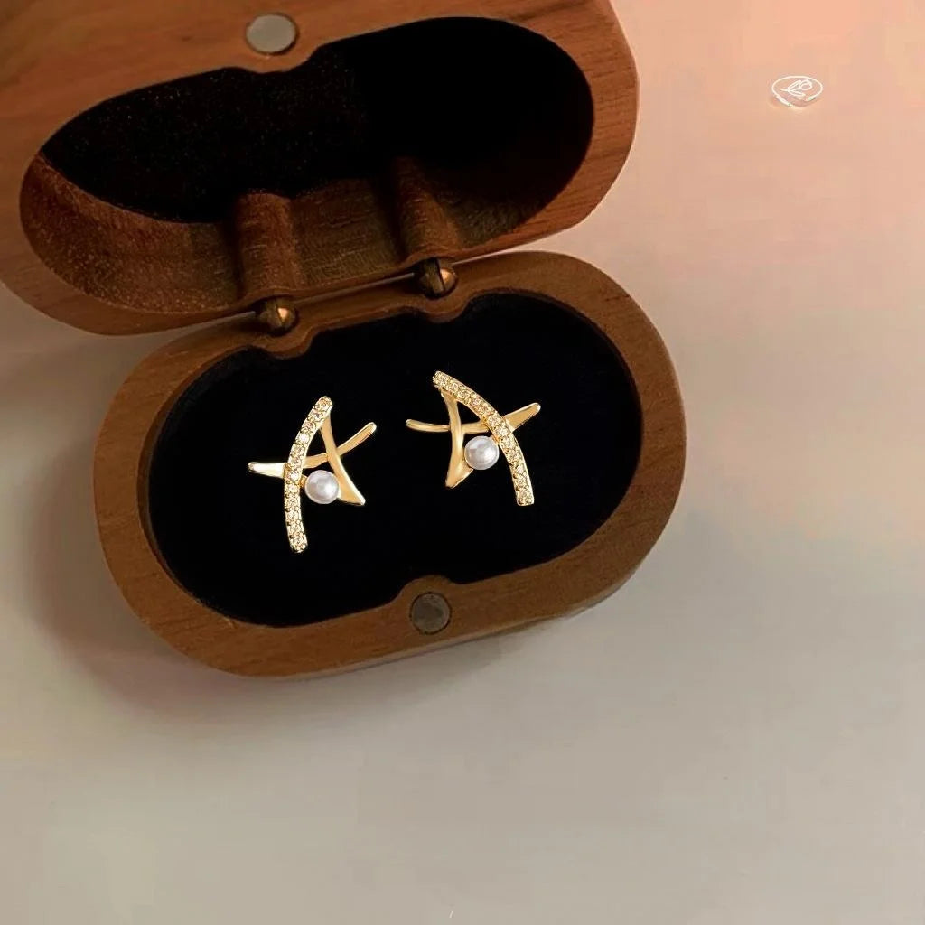 Minimalist Hollow Star Pearl Stud Earrings With Micro Pave Zircon, Geometric Everyday Jewelry