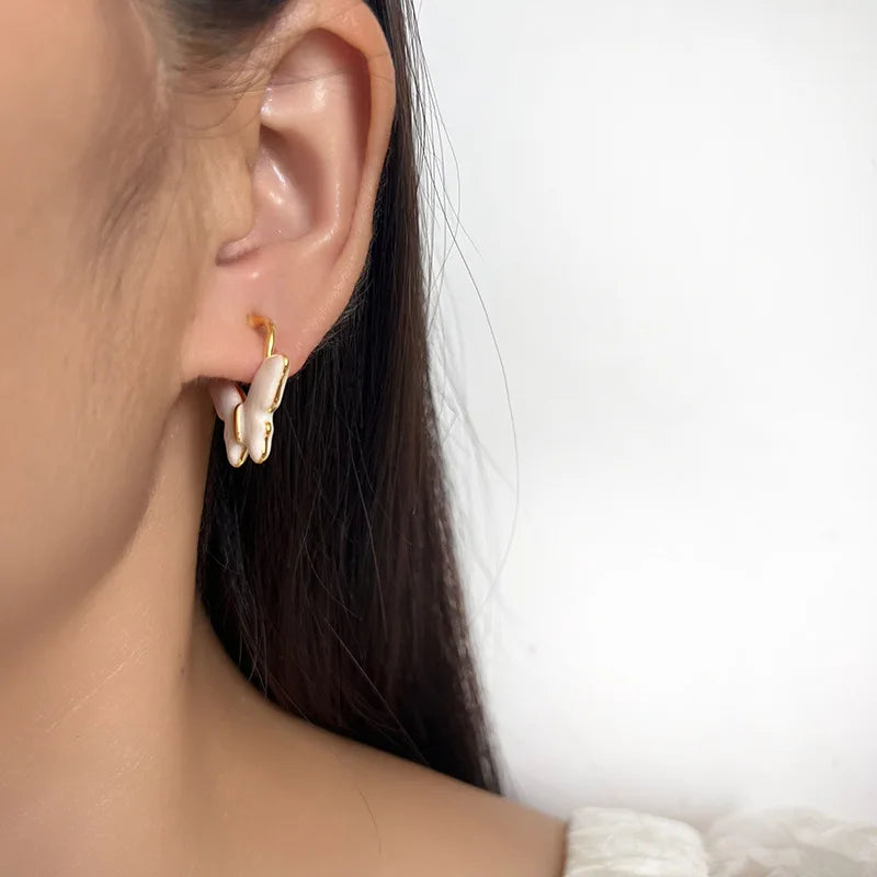 Elegant Cream Enamel Butterfly Alloy Stud & Clip On No Piercing Light Luxury Ear Cuff Drop Earrings