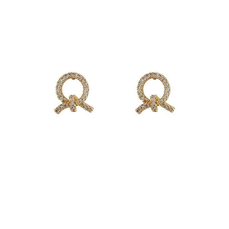 14K Plated Copper Rope Knot Geometric Zircon Stud Earrings, Mini Minimalist Korean Style