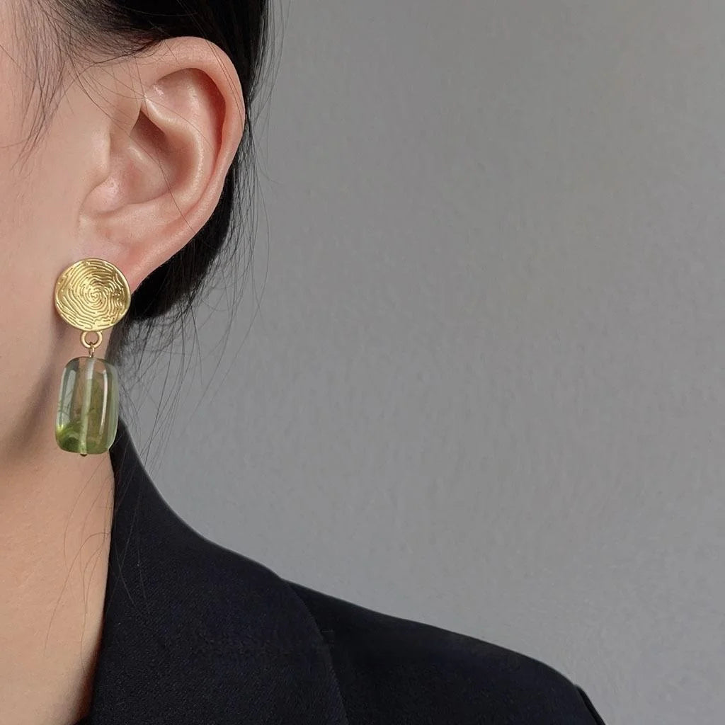 Matte Gradient Green Resin Round Stud Earrings Silver Plated Pin Forest Fairy Summer Jewelry