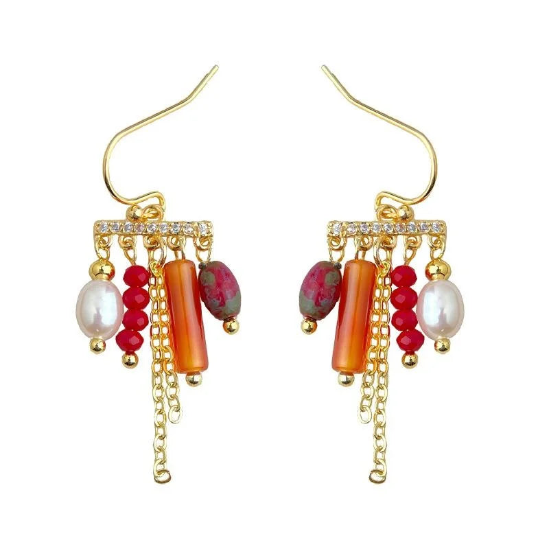Bohemian Ethnic Handmade Copper Drop Earrings with Zircon Tassel, Freshwater Pearl and Natural Stone
