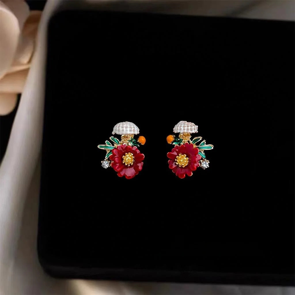 French Oil Painting Style Red Flower Drip Glaze Stud Earrings