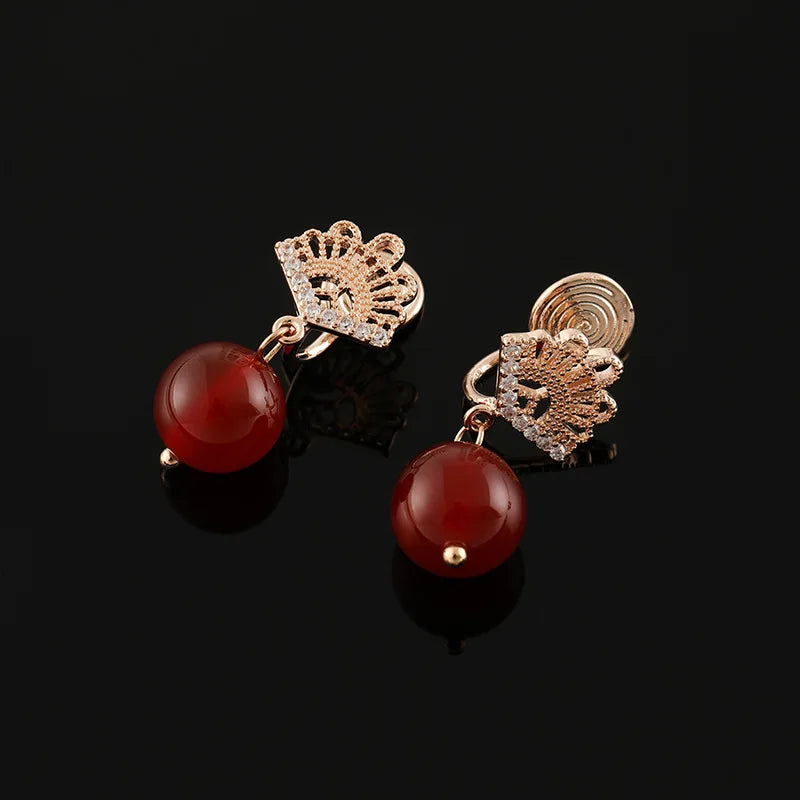 Vintage Chinese Fan Zircon Alloy Red Agate Drop Stud & Clip On No Piercing Women New Year Earrings