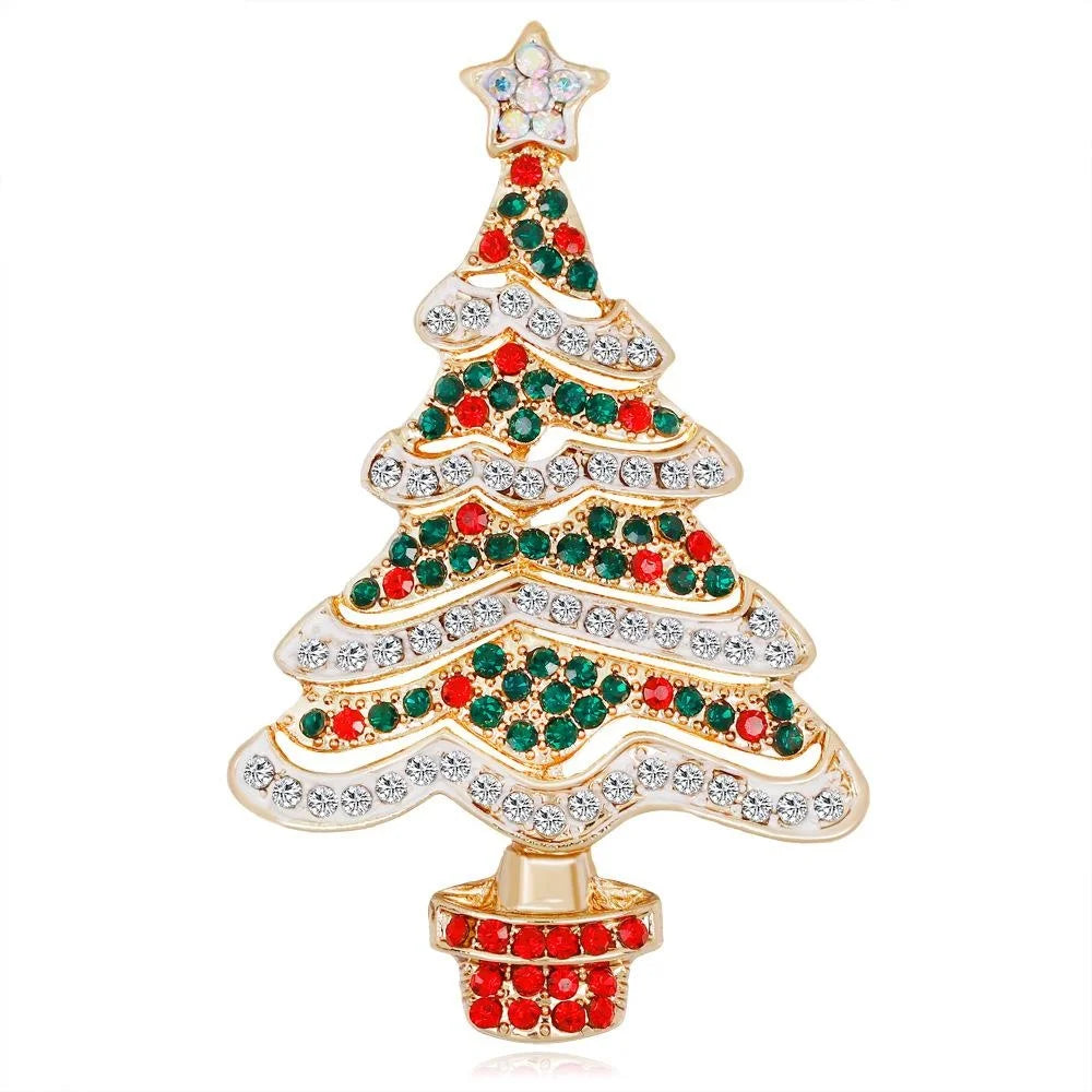 Cute Christmas Tree Alloy Rhinestone Brooch, Gold Tone Festive Lapel Pin Corsage Suit Accessory Gift