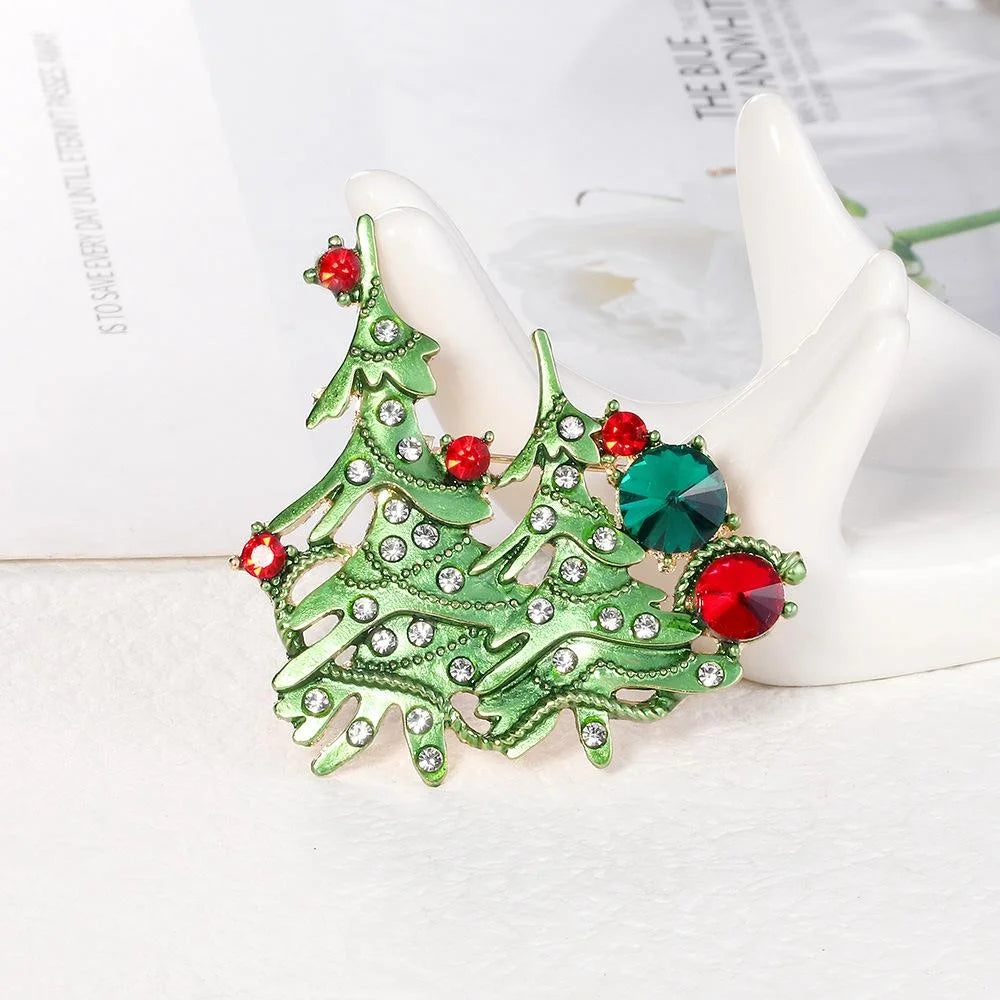 Elegant Green Enamel Christmas Tree Brooch With Rhinestones, Alloy Holiday Lapel Pin Corsage Gift