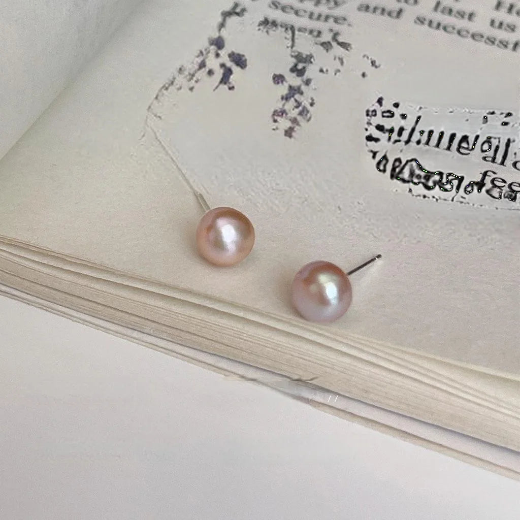 Purple Pink Freshwater Pearl Stud Earrings Silver Plated Geometric Minimalist Korean Japanese Style