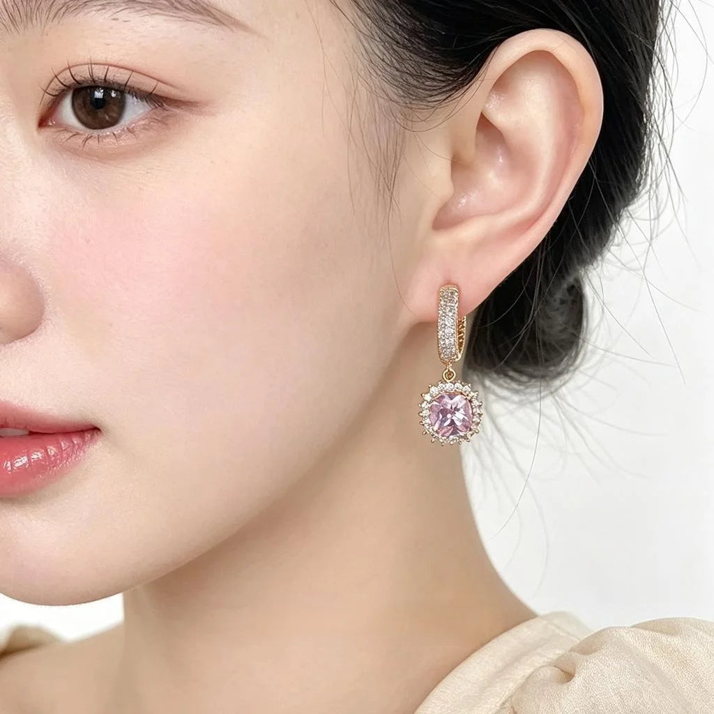 Pink Zircon Inlaid Copper Geometric Sugar Cube Drop Earrings Light Luxury Jewelry
