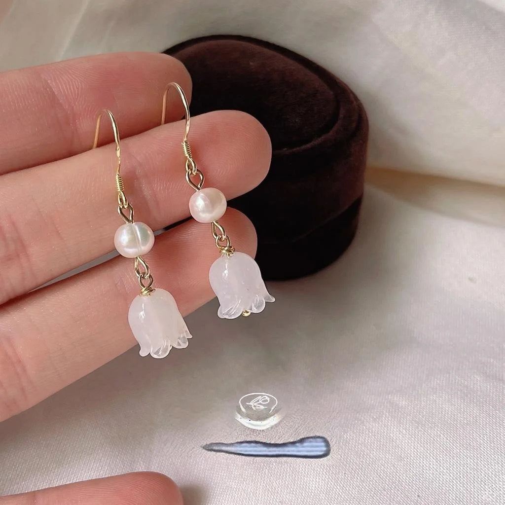 Silver Plated Glass Tulip Flower Drop Earrings Handmade Long Fresh Forest Style Jewelry