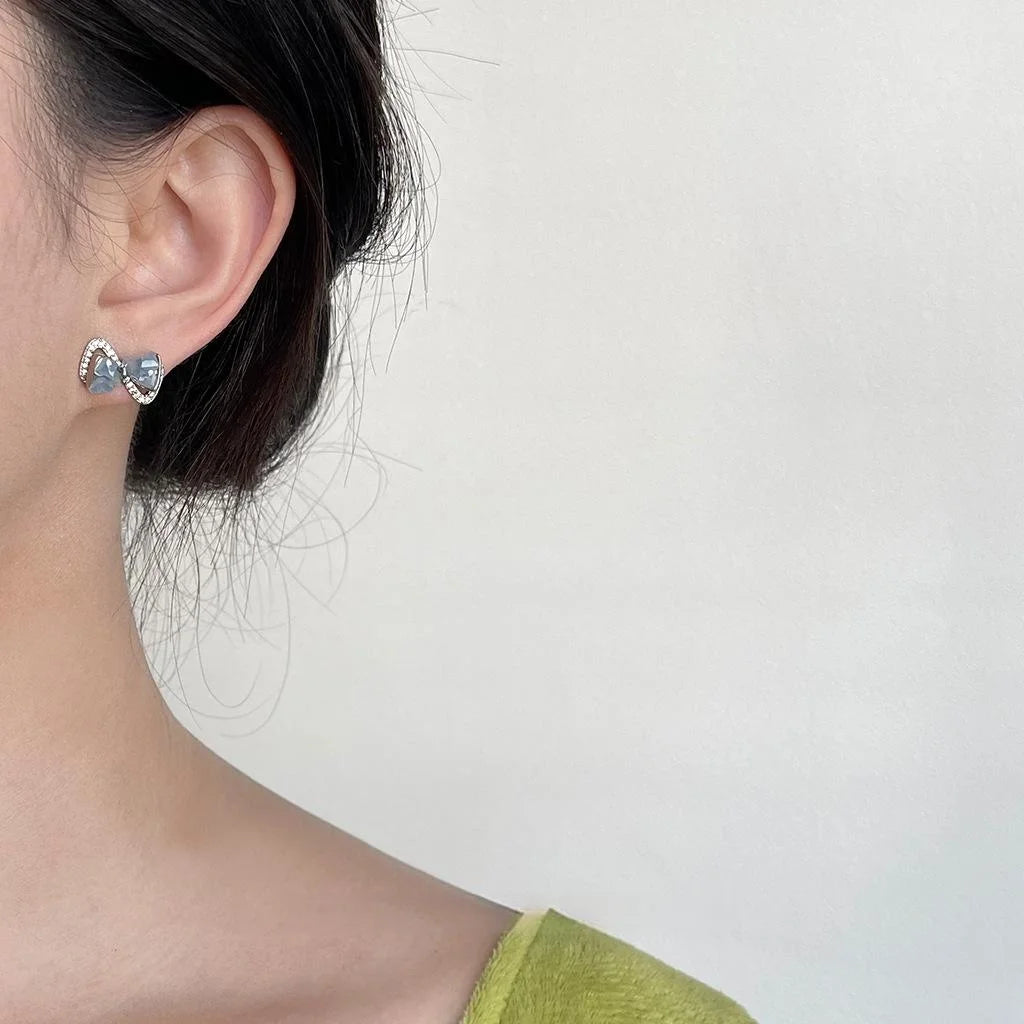 Blue Bow Stud Earrings With Micro Pave Zircon, Glass Crystal Chips, Sweet Fresh Commuter Style