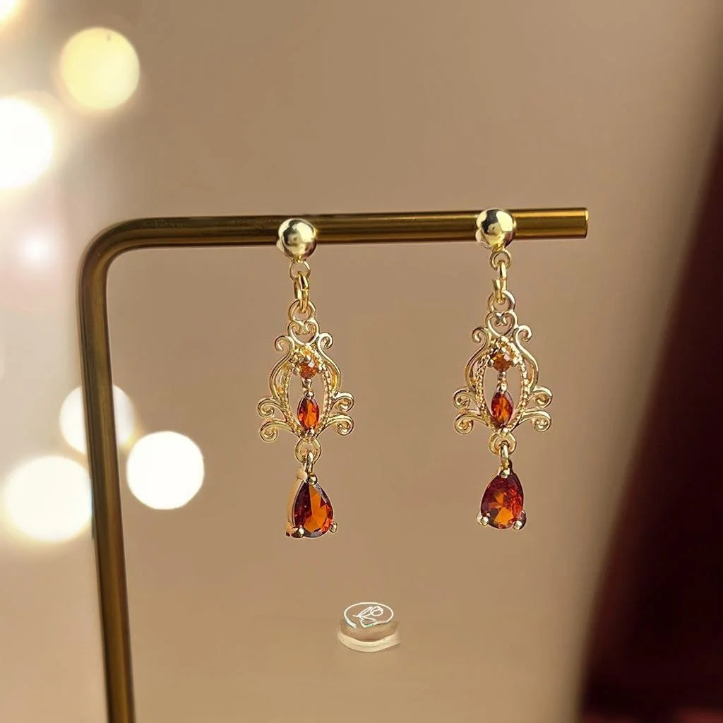 Vintage Court Style Burgundy Zircon Copper Long Tassel Drop Earrings