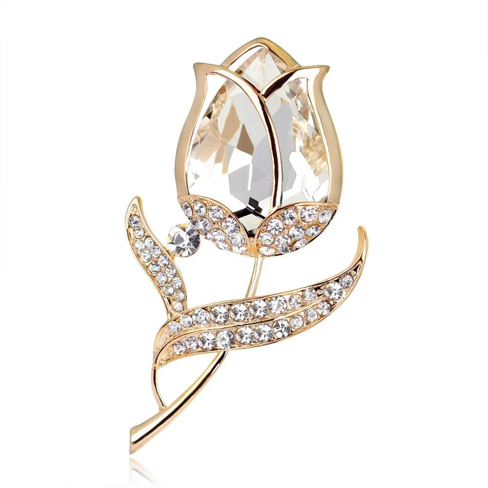 Elegant Red Glass Rose Flower Rhinestone Alloy Brooch Luxury Women's Lapel Pin Corsage Suit Accessory Gift