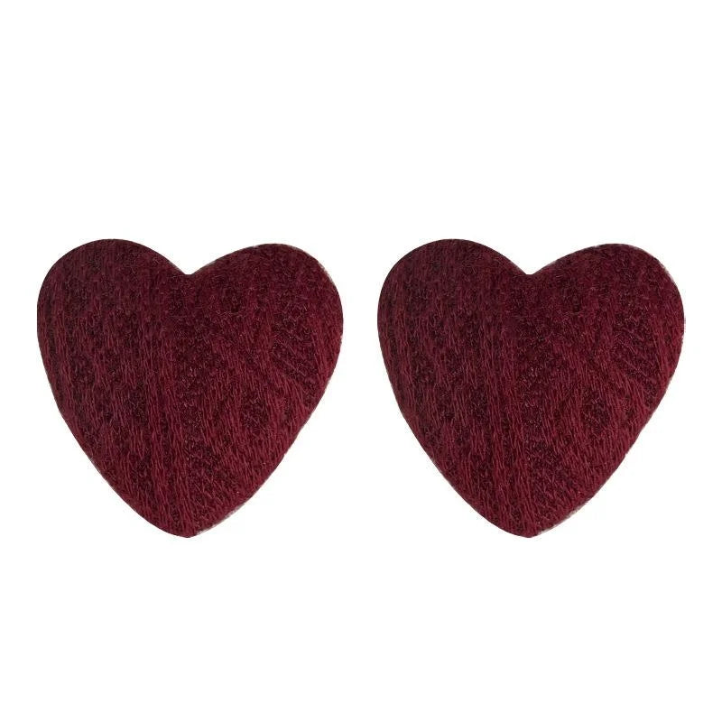 Vintage Burgundy Fabric Heart Stud Earrings For Women, Retro Hong Kong Style Autumn Winter Jewelry