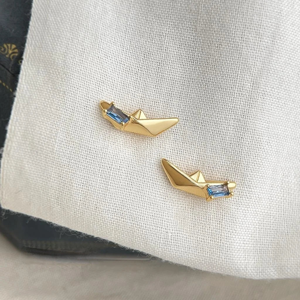 Geometric Boat Stud Earrings With Aquamarine Zircon, Copper Silver Plated High End Creative Jewelry