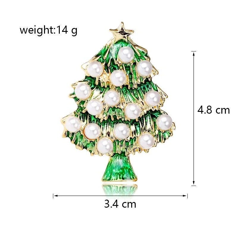 Elegant Green Enamel Christmas Tree Brooch With Faux Pearls, Gold Alloy Holiday Lapel Pin Gift