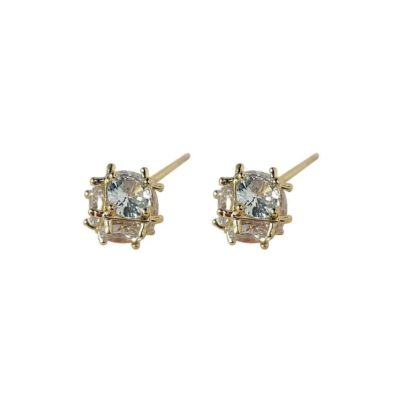 14K Plated Copper Geometric Square Zircon Stud Earrings Shiny Minimalist Luxury Ear Jewelry