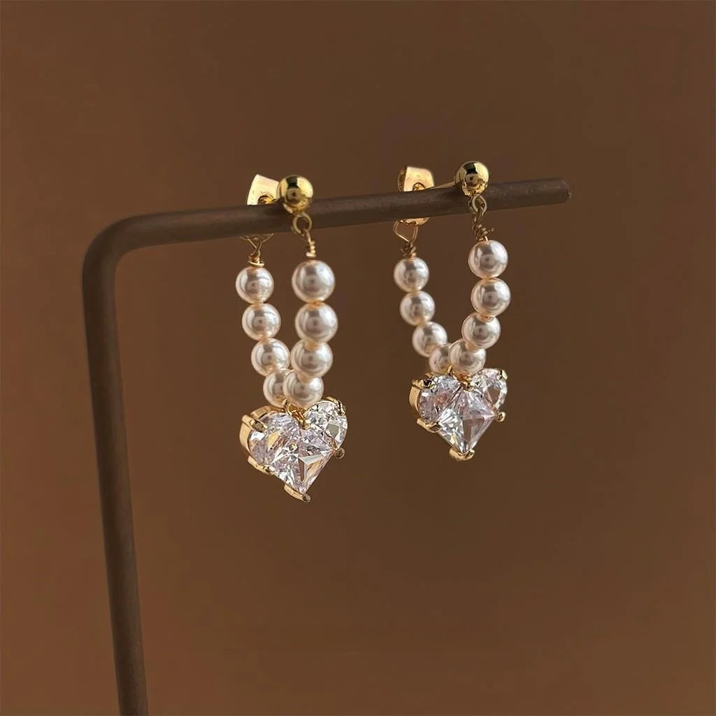French Vintage 14K Plated Glass Pearl Zircon Heart Geometric Drop Earrings for Women