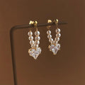 French Vintage 14K Plated Glass Pearl Zircon Heart Geometric Drop Earrings for Women