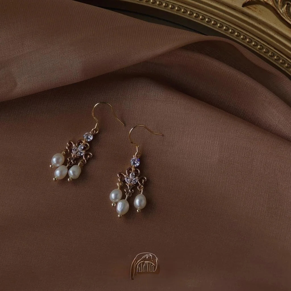 Vintage Palace Style Freshwater Pearl Drop Earrings 14K Gold Plated Copper Geometric Handmade Jewelry