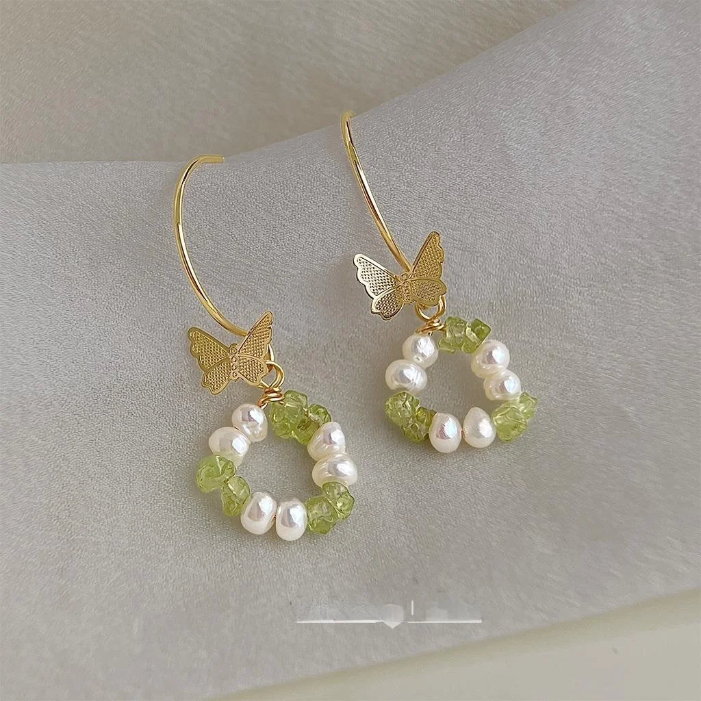 Cute Handmade Freshwater Pearl Green Olive Natural Stone Butterfly Drop Earrings For Women