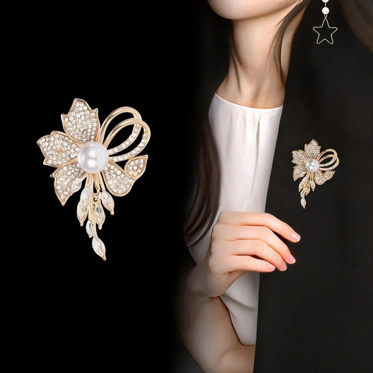 Elegant Rhinestone Flower Brooch With Faux Pearl Center, Silver Alloy Lapel Pin Corsage For Women Gift