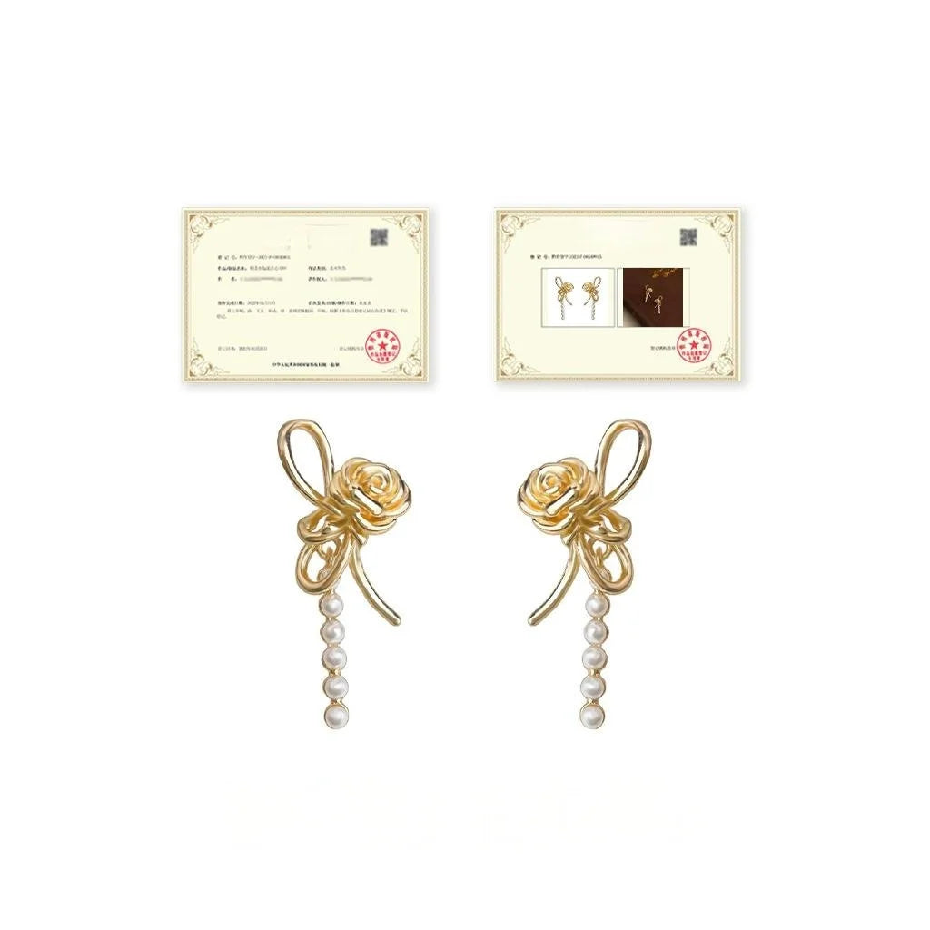 Light Luxury Rose Flower Pearl Copper Drop Earrings For Women