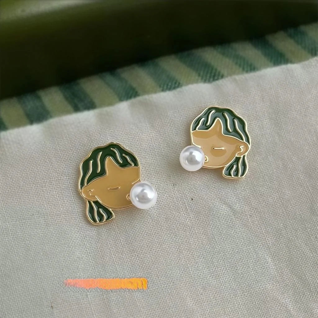 14K Plated Copper Enamel Bubble Girl Stud Earrings With Pearl Trendy Cartoon Design