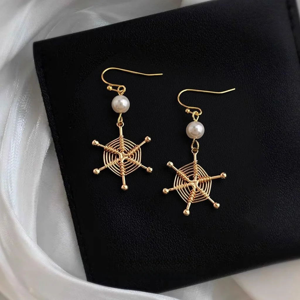 Original Handmade Dreamcatcher Drop Earrings Glass Pearl Copper Geometric Round Line Style