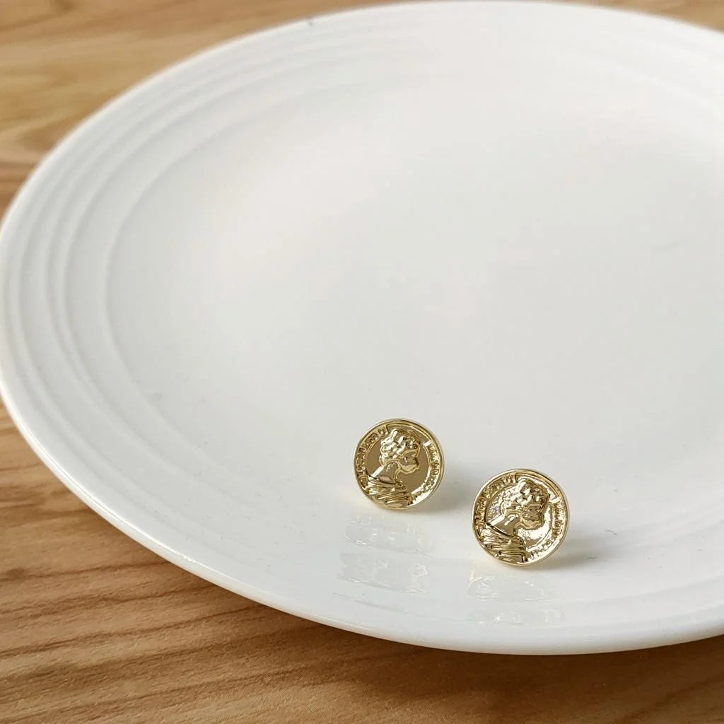 14K Gold Plated Copper Portrait Stud Earrings Korean Minimalist Irregular Style