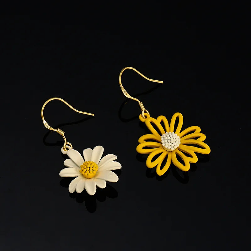 Elegant Asymmetric Daisy Flower Enamel Alloy Stud & Clip On No Piercing Spring Summer Drop Earrings