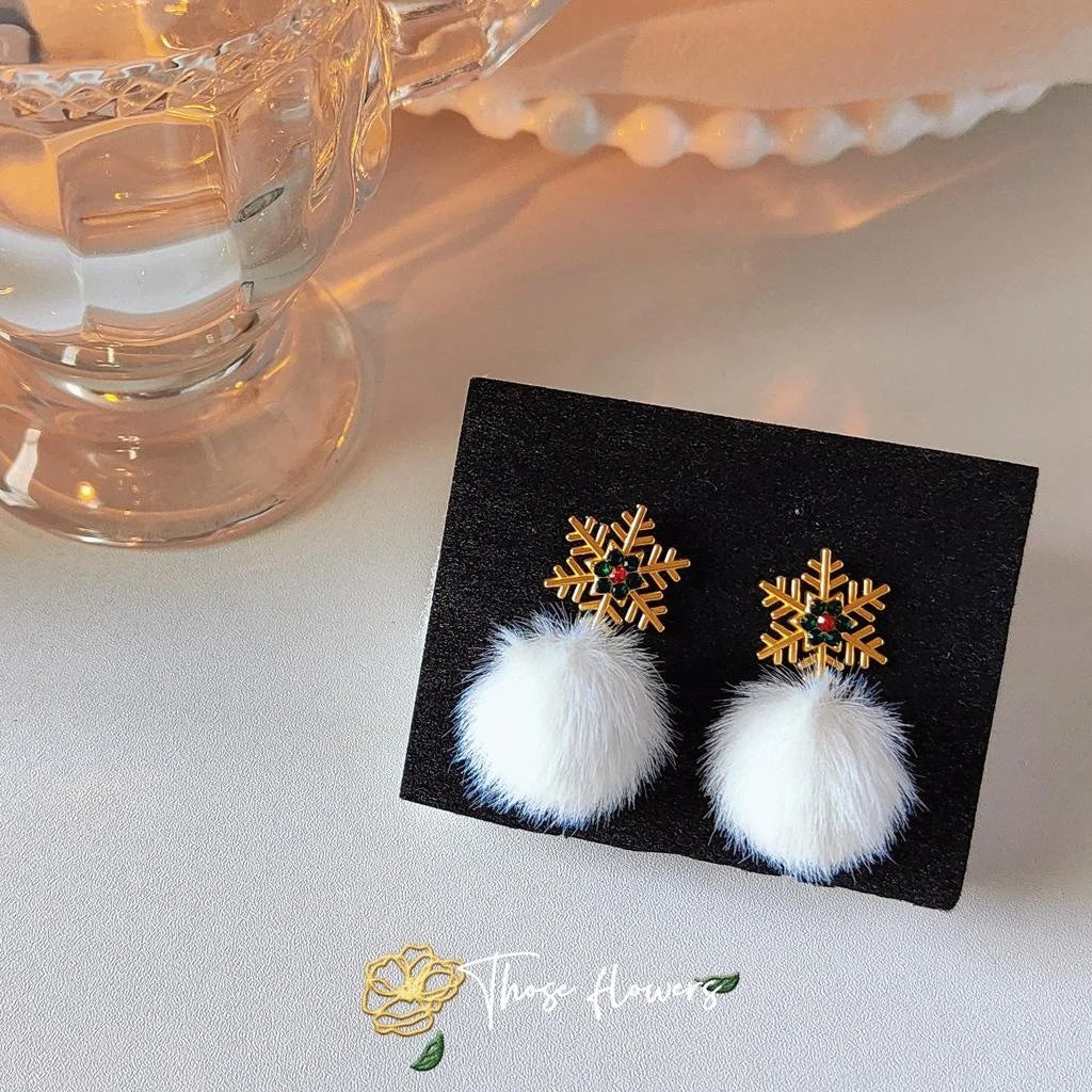 Christmas Snowflake Pom Pom Stud Earrings Silver Plated Needle Trendy Women's Ear Jewelry