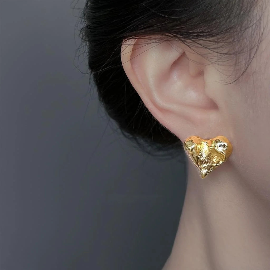 14K Plated Alloy Irregular Heart Stud Earrings Minimalist Matte Textured Jewelry