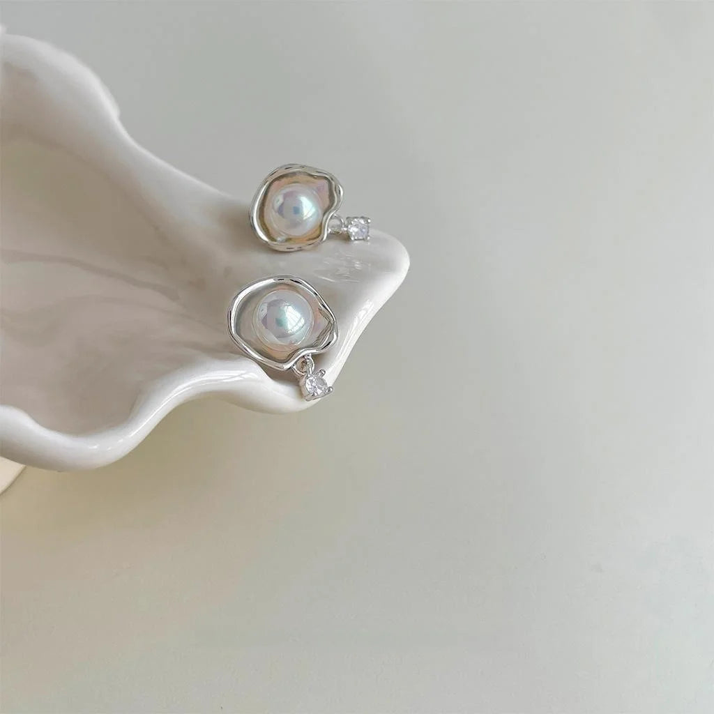 Irregular Geometric Synthetic Mabe Pearl Ruffle Zircon Stud Earrings Sweet Cool Copper Jewelry