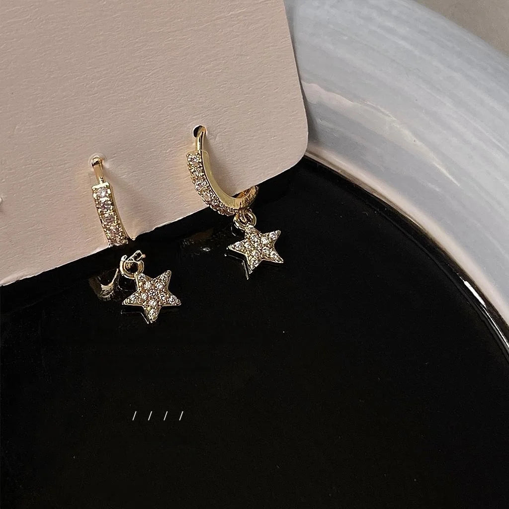 14K Gold Plated Copper Micro Pave Zircon Star Drop Earrings Minimalist Chic Jewelry
