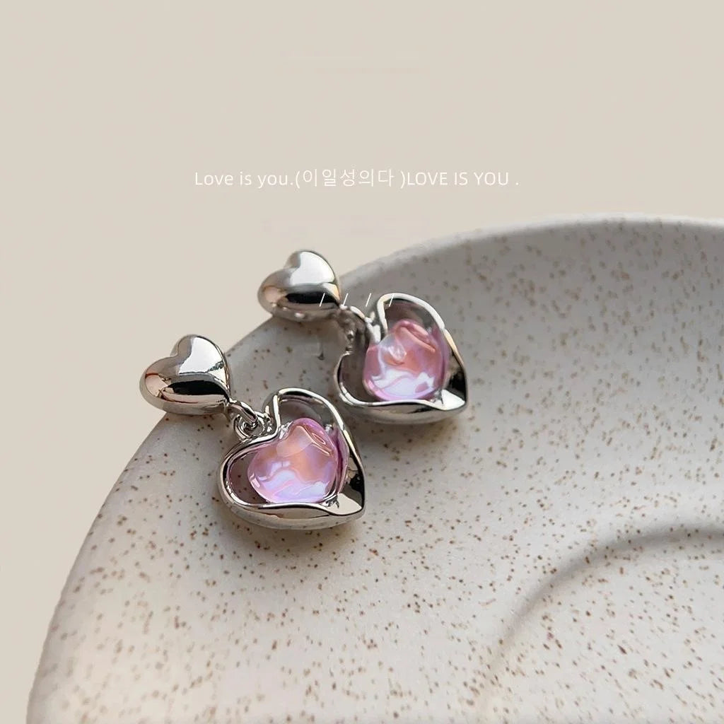 Sweet Cool Iridescent Heart Copper Drop Earrings For Women Niche Designer Jewelry