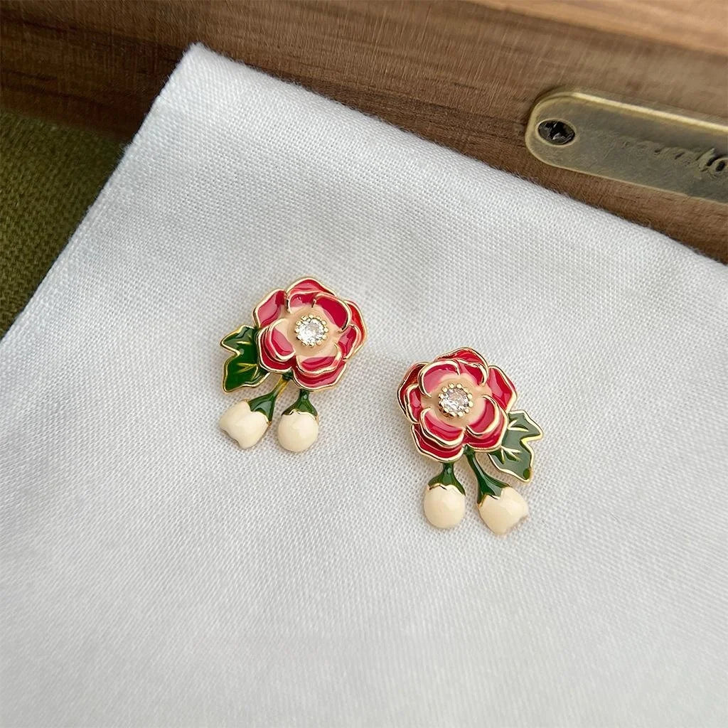 Sweet Floral Enamel Copper Stud Earrings And 14K Plated Finish