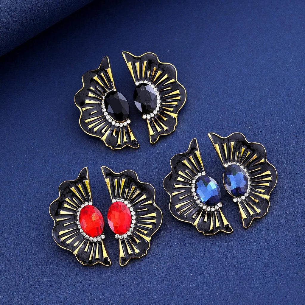 Vintage Fan-Shaped Alloy Earrings With Red Crystal Rhinestone, Elegant Luxury Studs For Wedding Party Gift