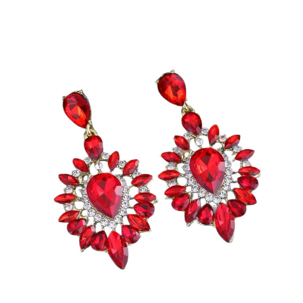 Vintage Luxury Red Crystal Rhinestone Teardrop Dangle Earrings, Gold Tone Alloy Bridal Wedding Party Banquet Gift