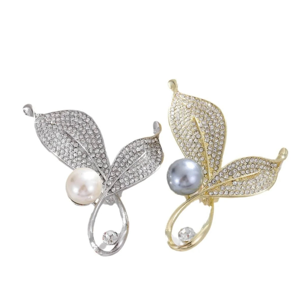 Elegant Double Leaf Pearl Rhinestone Brooch For Women, Gold Alloy Lapel Pin Corsage Suit Accessory Gift