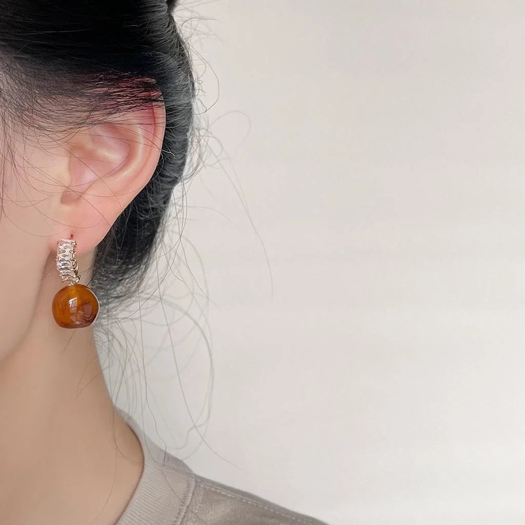 French Vintage Amber Zircon Tassel Drop Earrings 14K Plated Geometric Fashion Jewelry