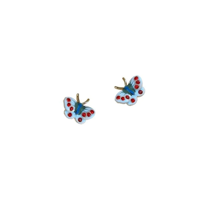 Vintage Mini Butterfly Stud Earrings 14K Gold Plated Copper Enamel Drip Oil Jewelry