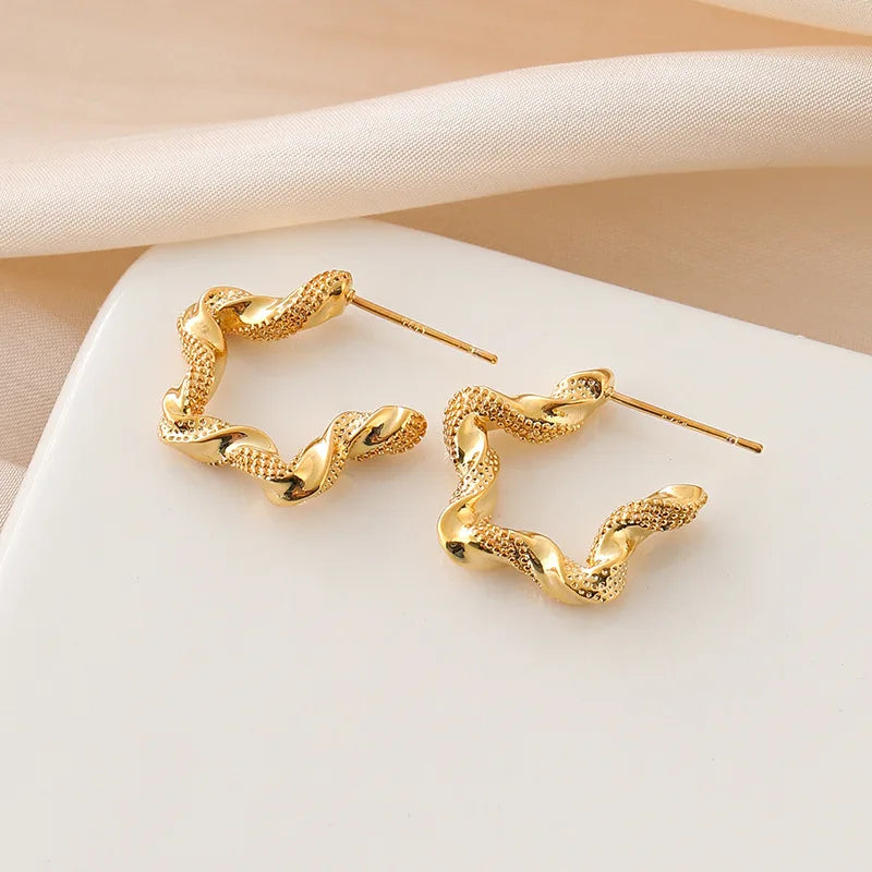 Elegant Gold Alloy Twisted Hoop Five Point Star Stud & Clip On No Piercing Textured Statement Earrings