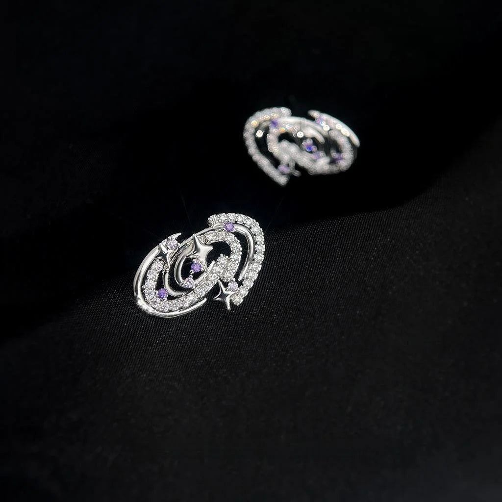 Niche 3D Geometric Planet Micro Pave Zircon Copper Stud Earrings With Silver Plated Pins