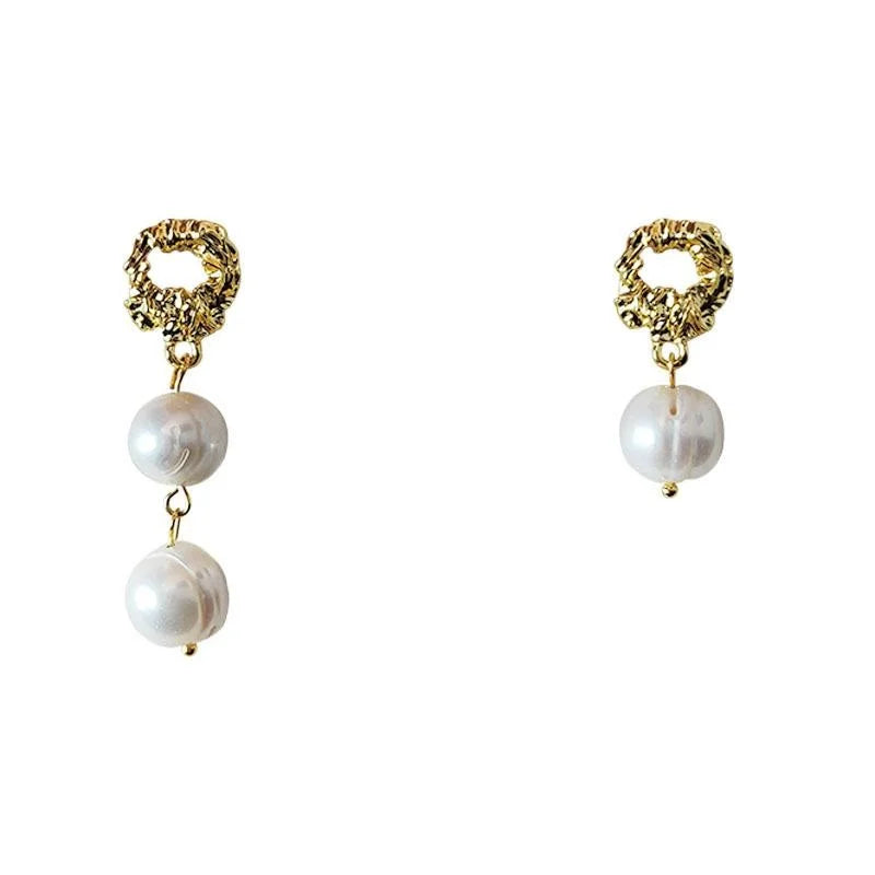 Light Luxury Geometric Copper Freshwater Pearl Stud Earrings With Round Dot Line Design