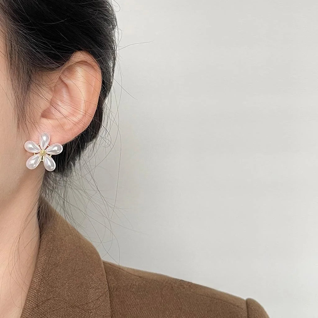 French Vintage Faux Pearl Sunflower Floral Teardrop Stud Earrings