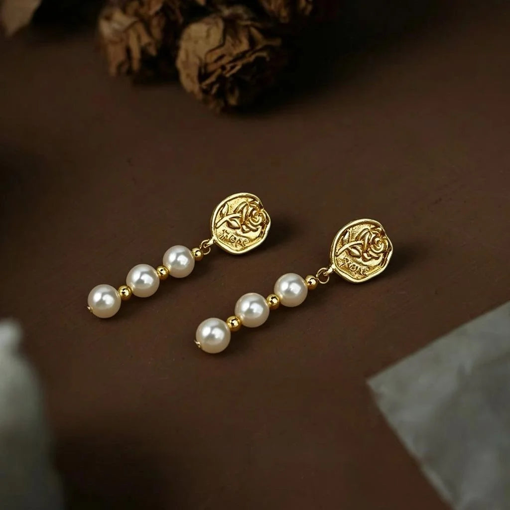 Designer 14K Gold Plated Copper Pearl Tassel Drop Earrings Floral Geometric Office Jewelry
