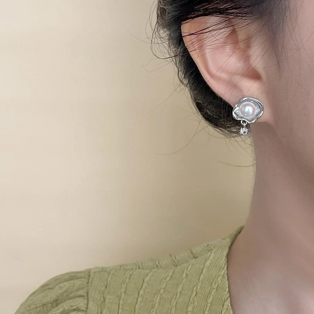Irregular Geometric Synthetic Mabe Pearl Ruffle Zircon Stud Earrings Sweet Cool Copper Jewelry