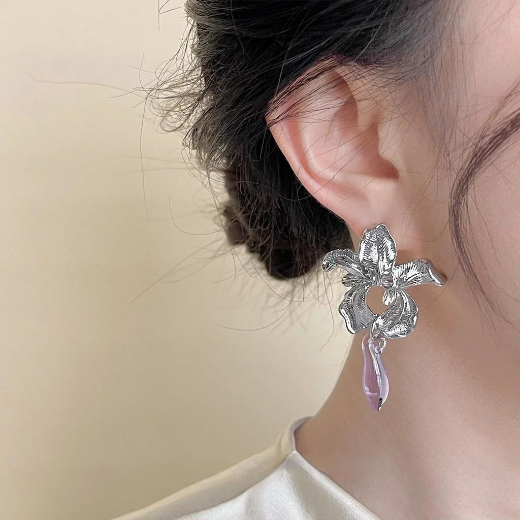 Designer Iris Flower Glass Crystal Copper Drop Earrings Elegant Premium Floral Jewelry