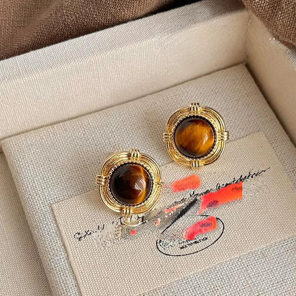 14K Gold Plated Copper Tiger Eye Stone Geometric Round Stud Earrings French Luxury Style